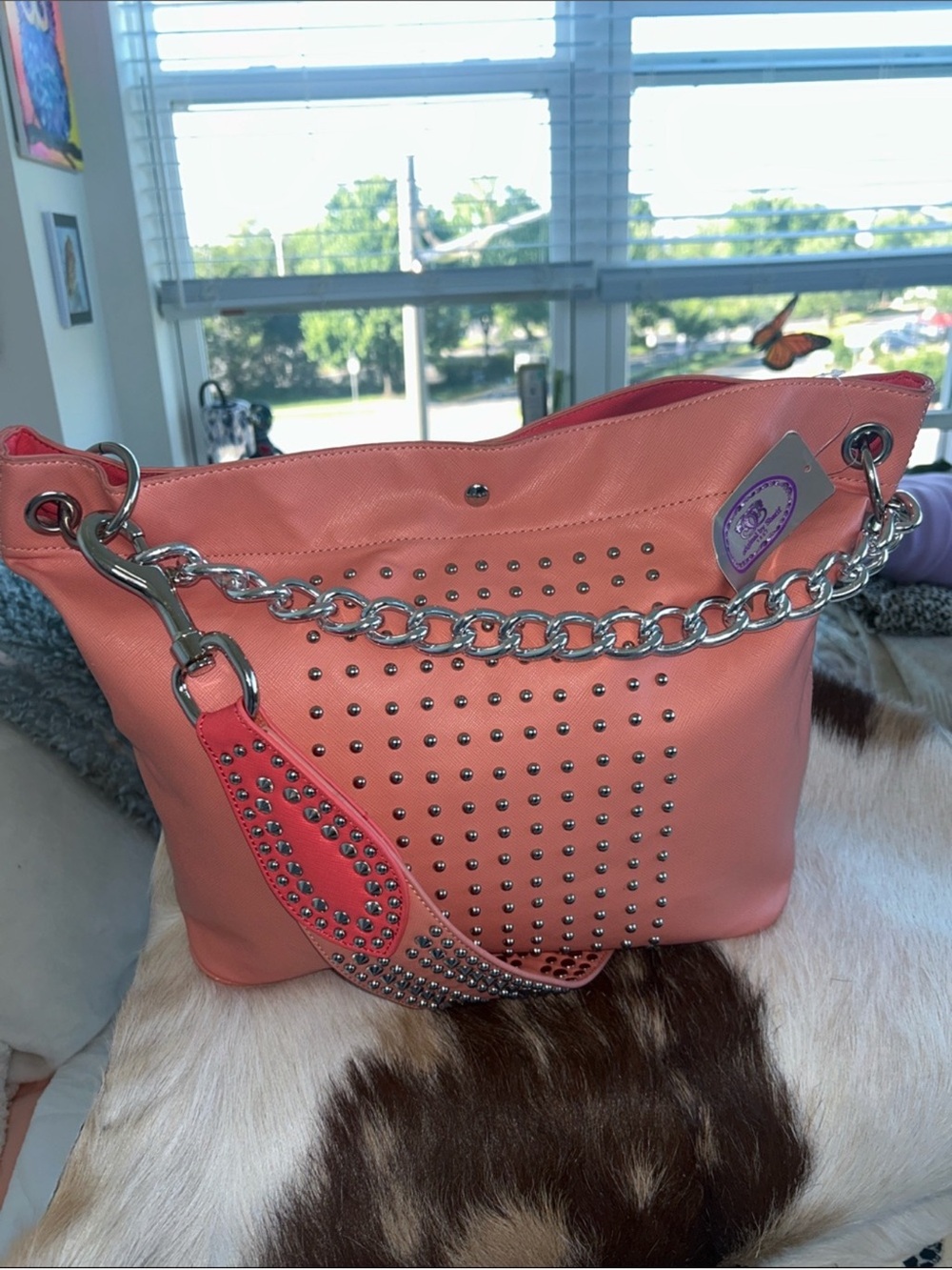 Sharif NWT Coral Pink Studded Tote with Leather Studded Strap and Chain Straps - Picture 8 of 12